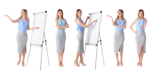 Collage with photos of business trainer on white background, banner design 