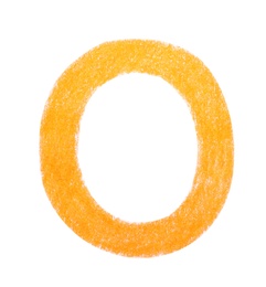 Letter O written with orange pencil on white background, top view