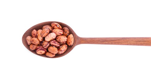 Photo of Wooden spoon with dry kidney beans isolated on white, top view