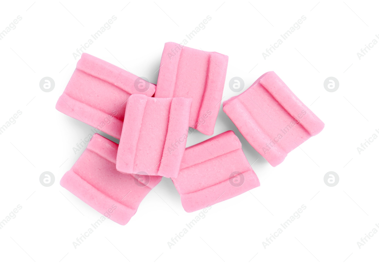 Photo of Tasty pink bubble gums isolated on white, top view