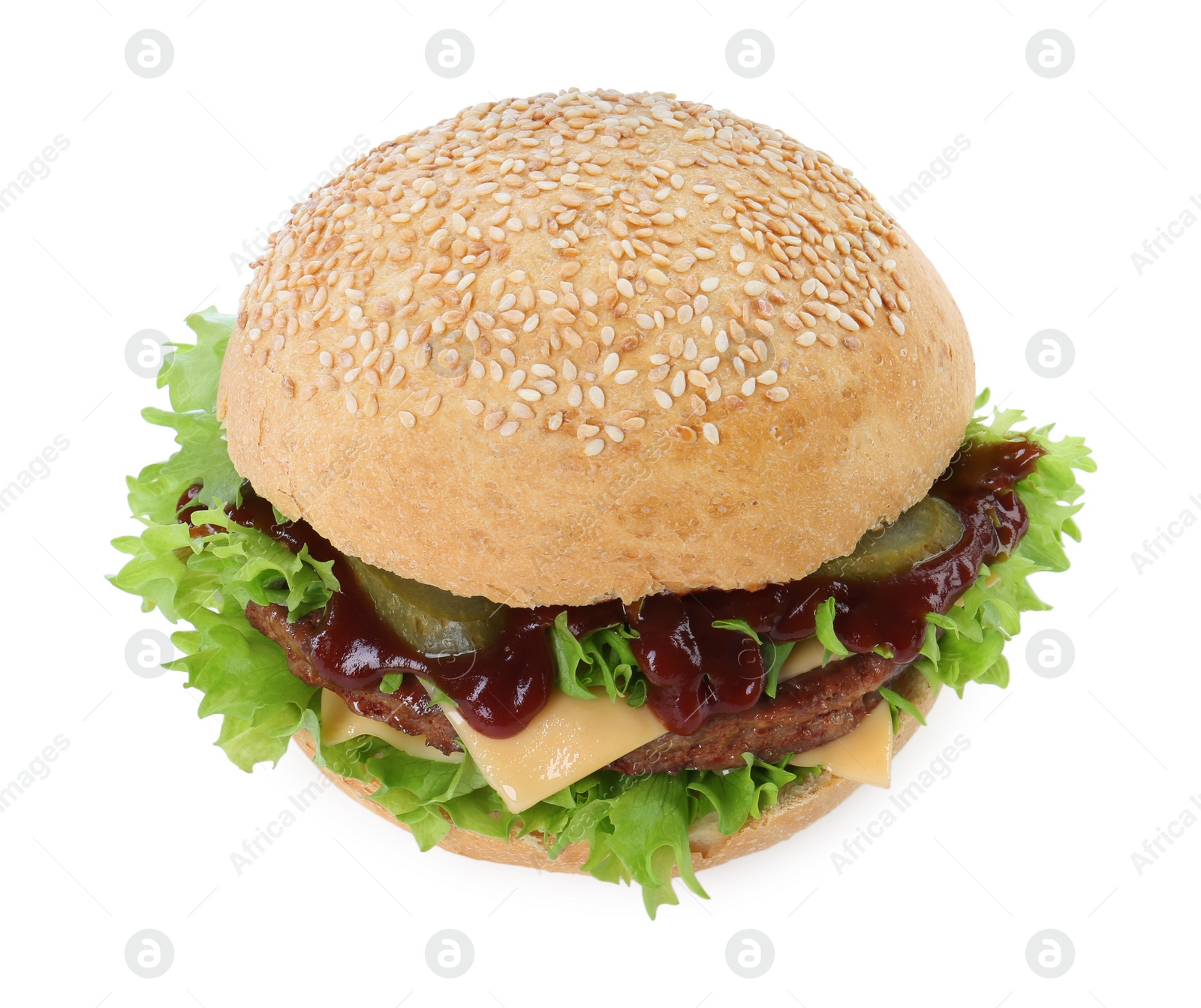 Photo of Delicious cheeseburger with lettuce, pickle, ketchup and patty isolated on white