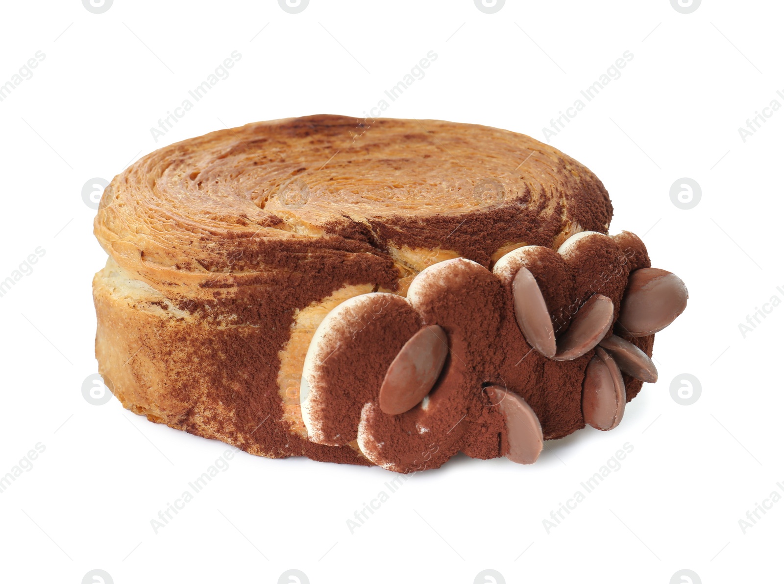 Photo of Round croissant with chocolate chips and cream isolated on white. Tasty puff pastry