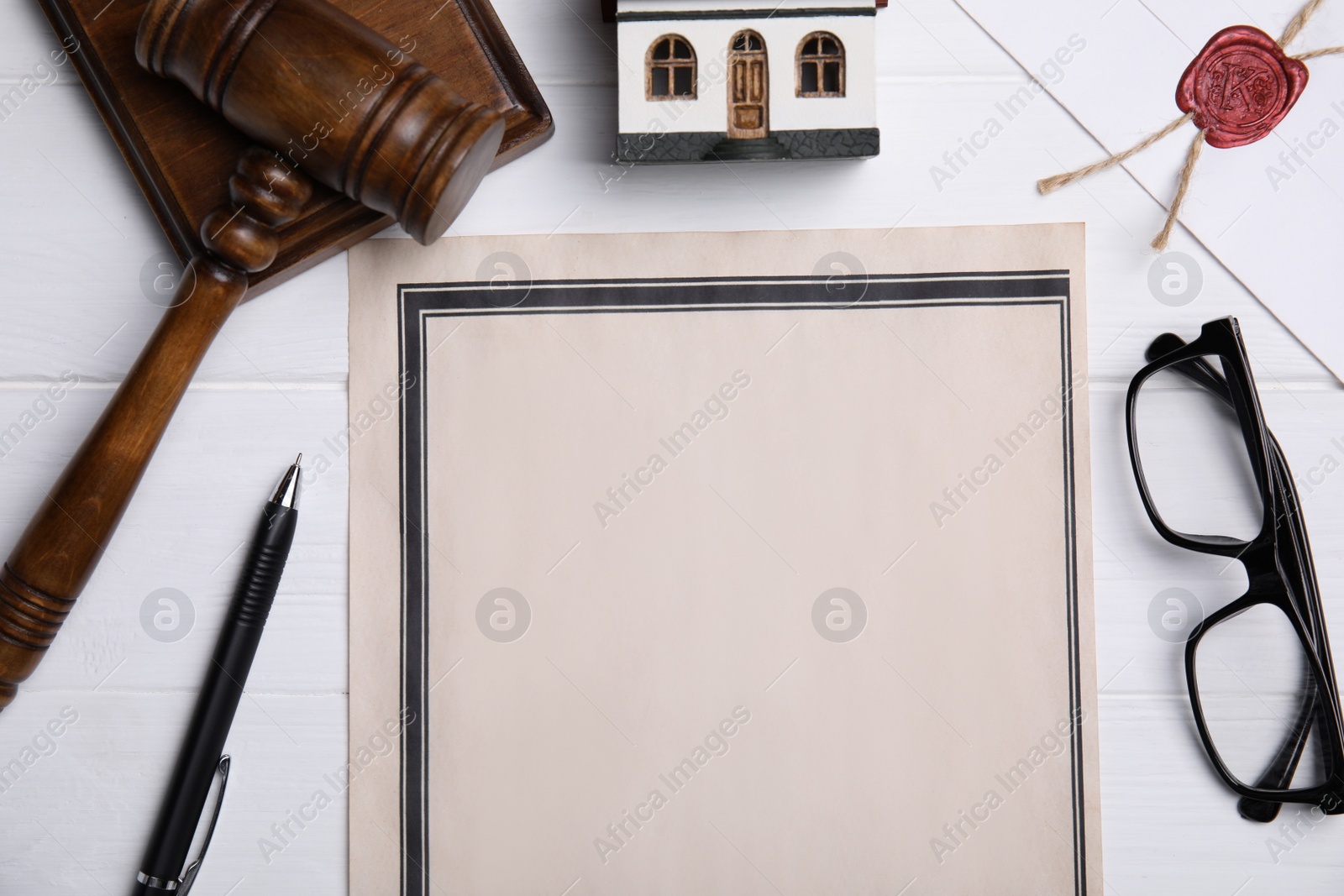 Photo of Flat lay composition with last will and testament on white wooden table