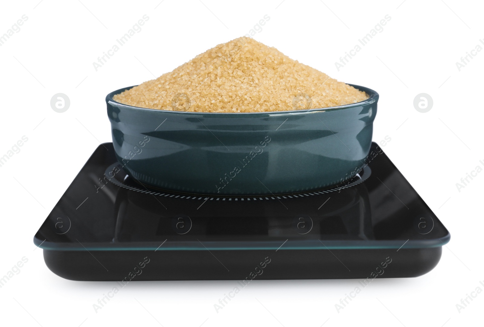 Photo of Modern kitchen scale with bowl of brown sugar isolated on white
