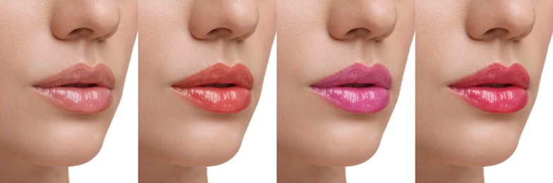 Image of Lip gloss in different colors. Set with photos of woman, closeup