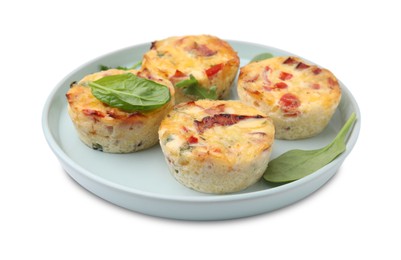 Photo of Freshly baked bacon and egg muffins with cheese isolated on white