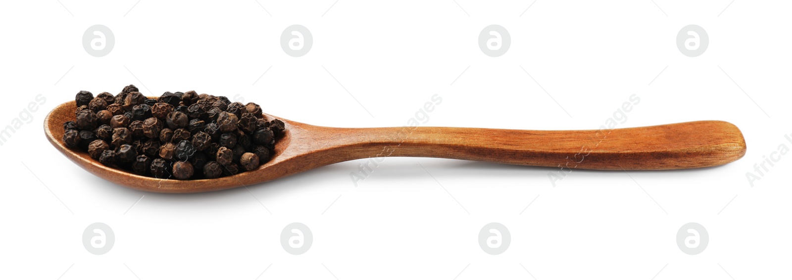 Photo of Aromatic spice. Many black peppercorns in spoon isolated on white