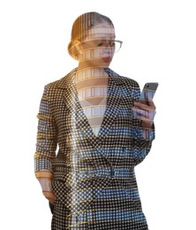 Double exposure of businesswoman using phone and office building