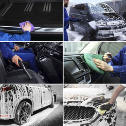 Image of Collage of people cleaning automobiles at car wash, closeup