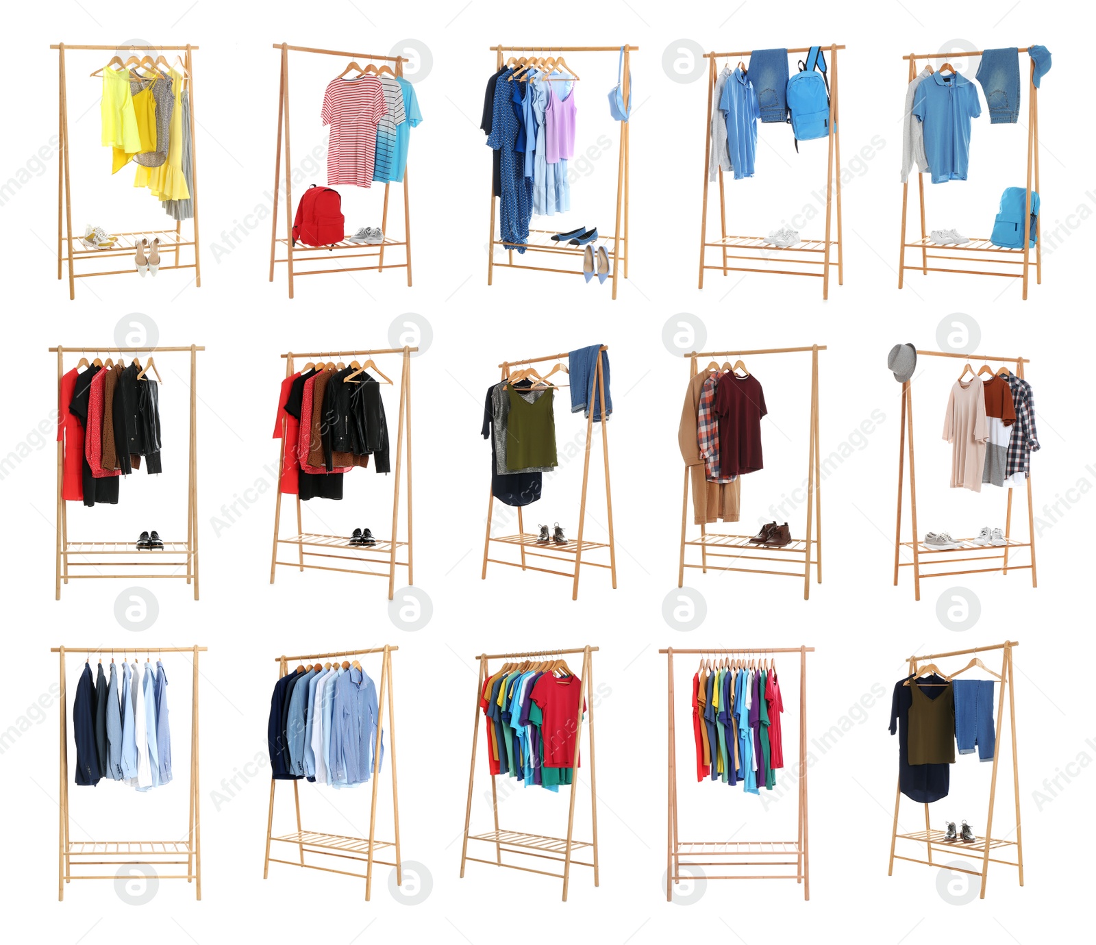 Image of Set of wardrobe racks with different clothes on white background