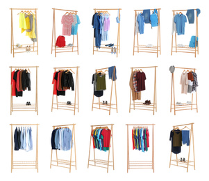 Set of wardrobe racks with different clothes on white background