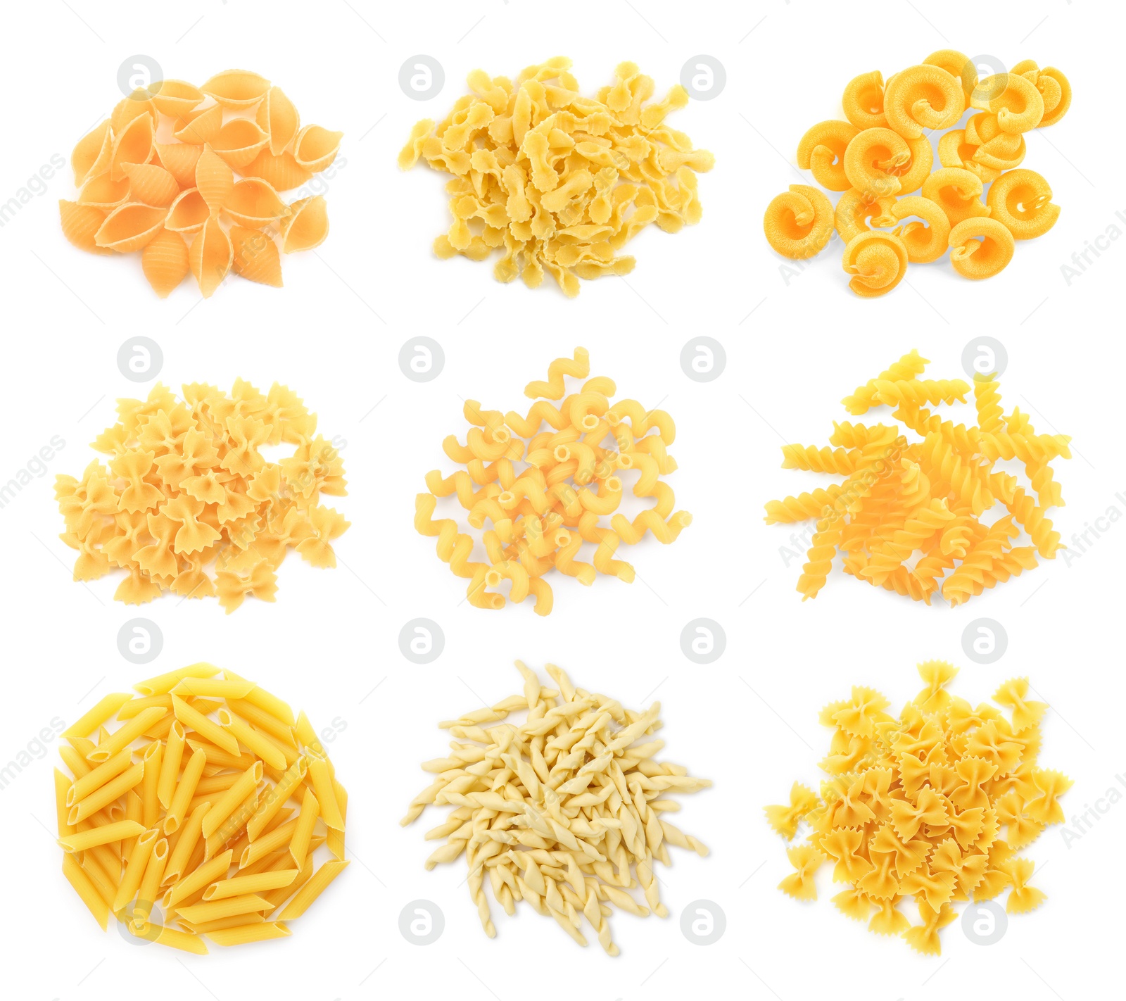 Image of Different types of pasta isolated on white, top view