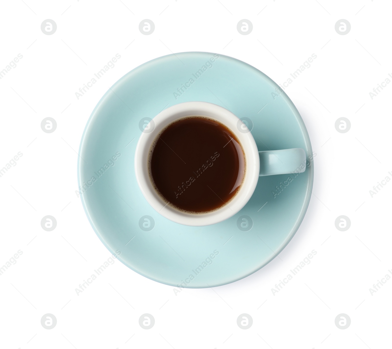 Photo of Tasty coffee in cup isolated on white, top view