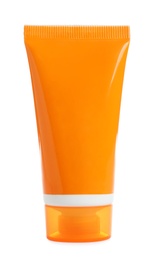 Orange tube with sun protection body cream on white background. Cosmetic product