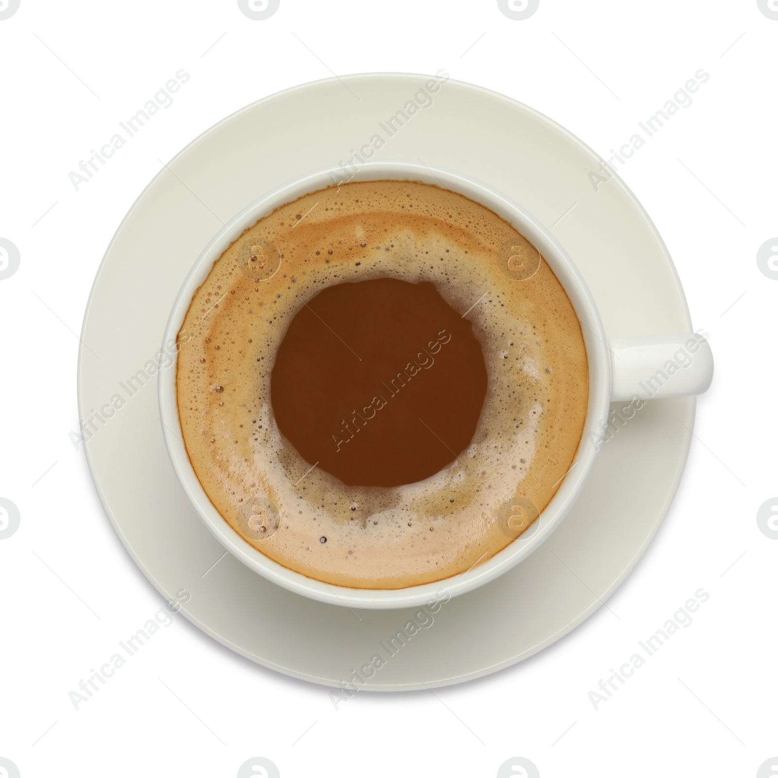 Photo of Cup of hot coffee isolated on white, top view