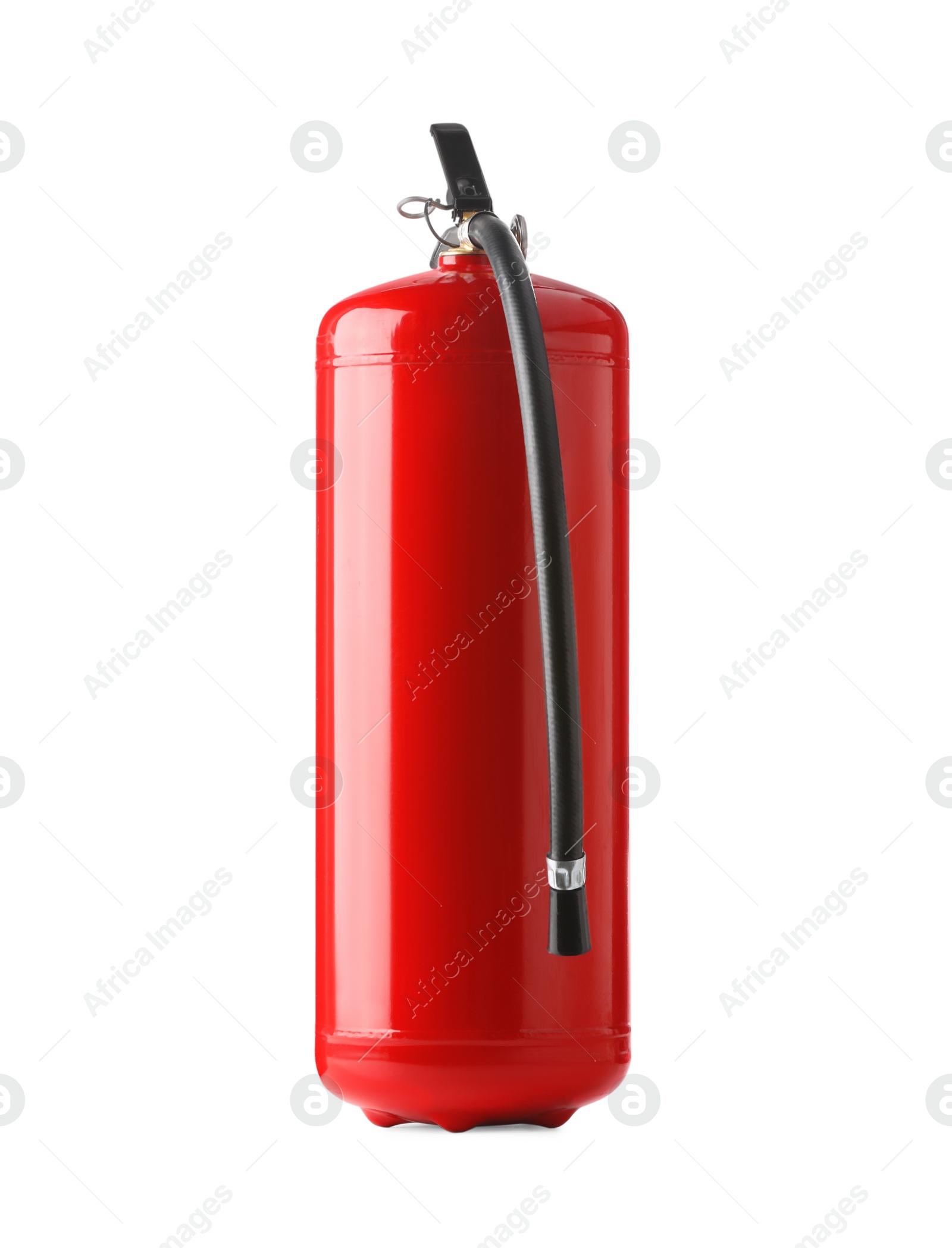 Photo of One red fire extinguisher on white background