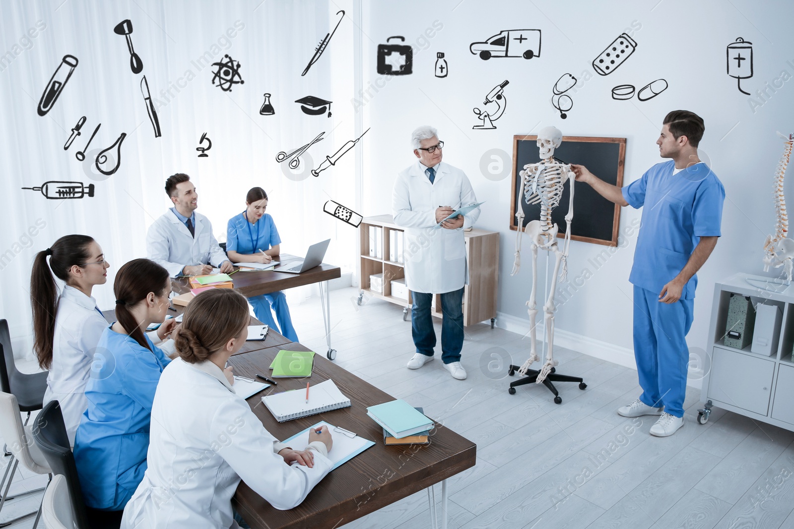 Image of Medical students and professor studying human skeleton anatomy in classroom