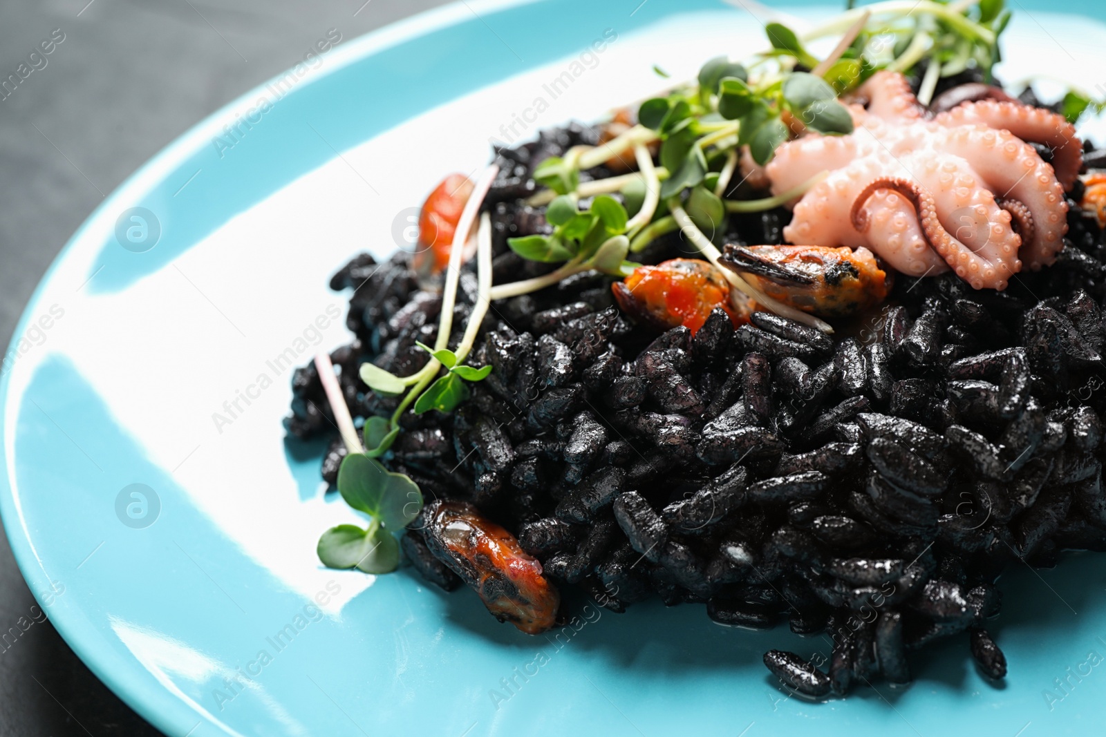 Photo of Delicious black risotto with seafood in plate, closeup