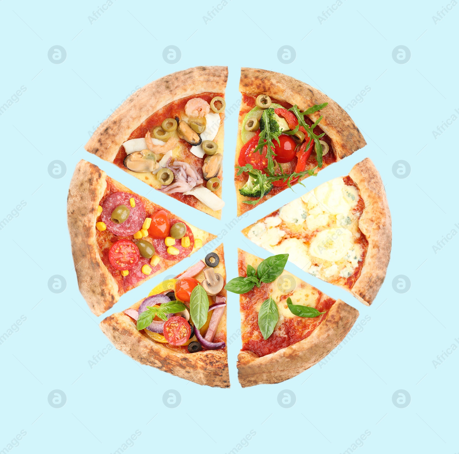 Image of Slices of different pizzas on light blue background, top view 