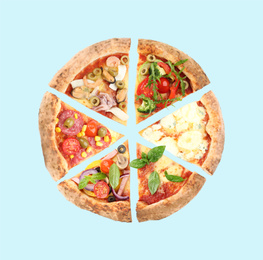 Slices of different pizzas on light blue background, top view 