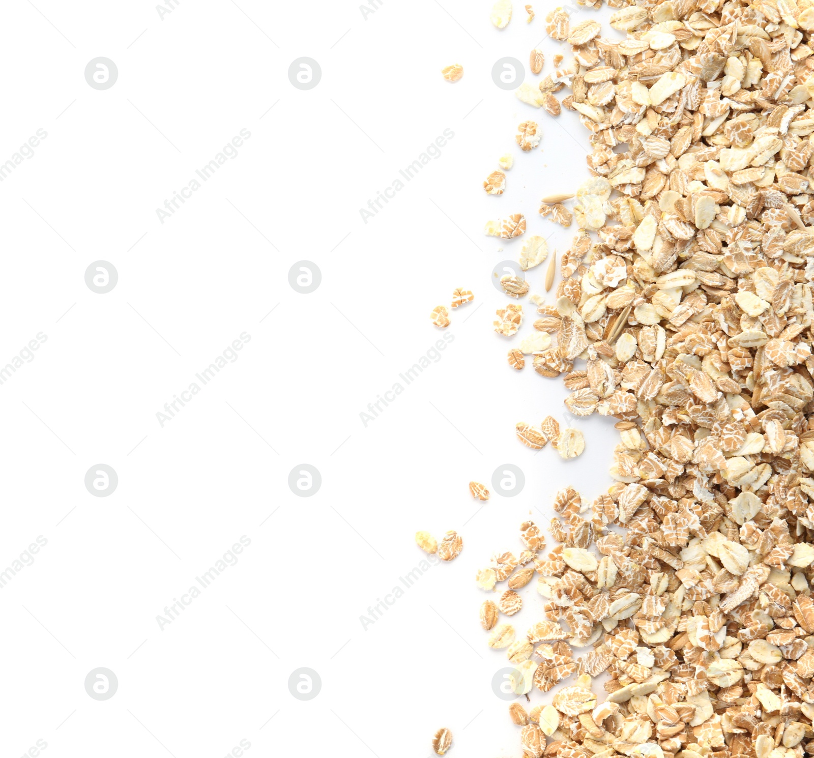 Photo of Raw oatmeal on white background. Healthy grains and cereals