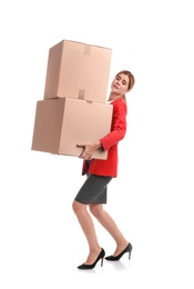 Photo of Full length portrait of woman carrying carton boxes on white background. Posture concept