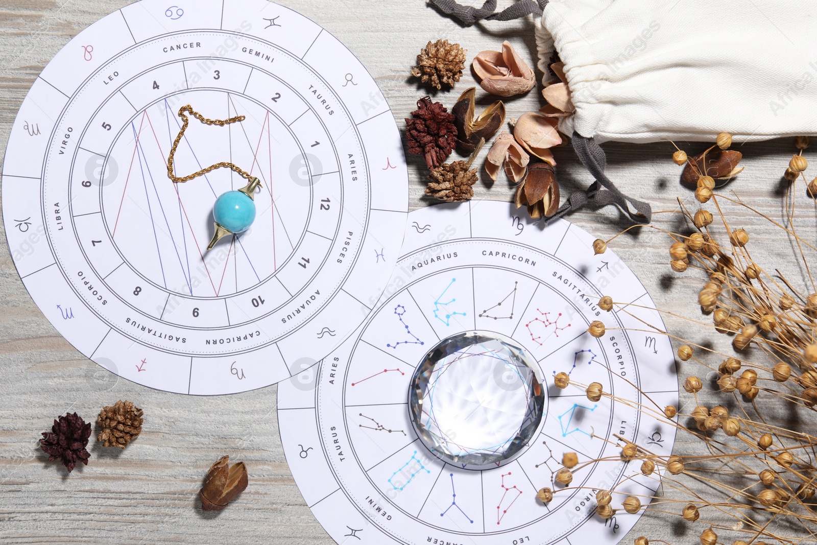 Photo of Astrology prediction. Zodiac wheels, pendulum, gemstone and pouch with dry flowers on wooden table, flat lay