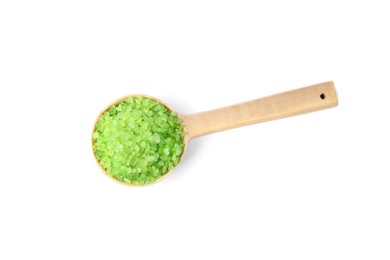 Photo of Wooden spoon with green sea salt on white background, top view
