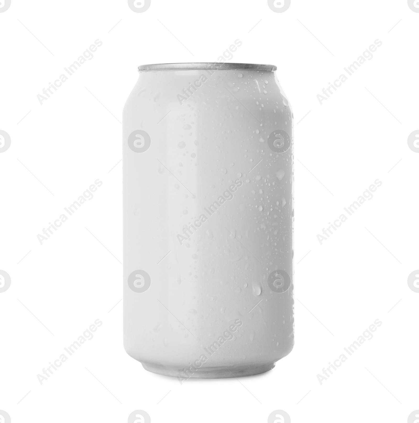 Photo of Can of energy drink with water drops isolated on white. Mockup for design
