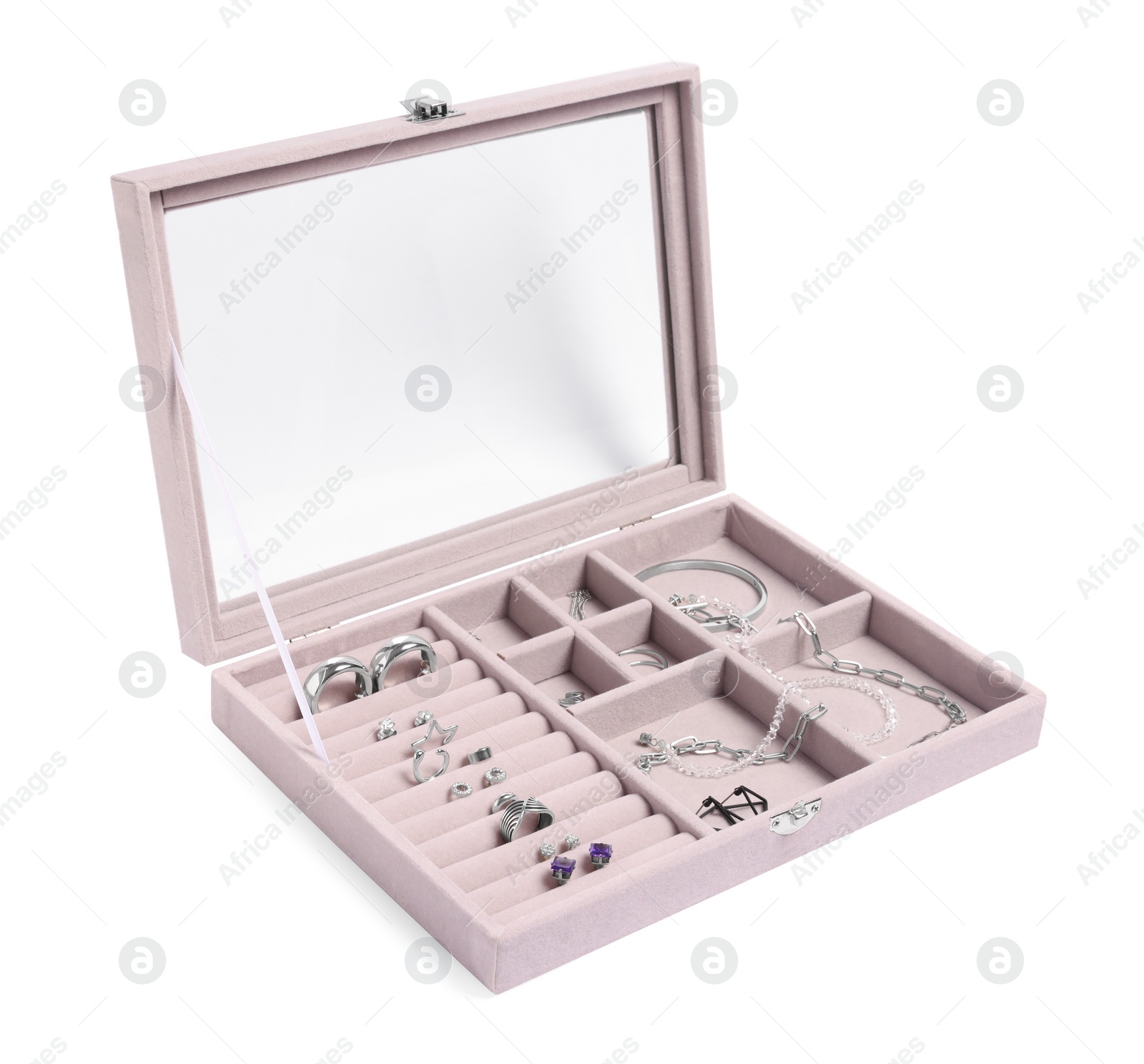 Photo of Jewelry box with many different silver accessories isolated on white