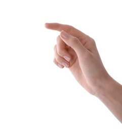 Woman pointing at something on white background, closeup of hand