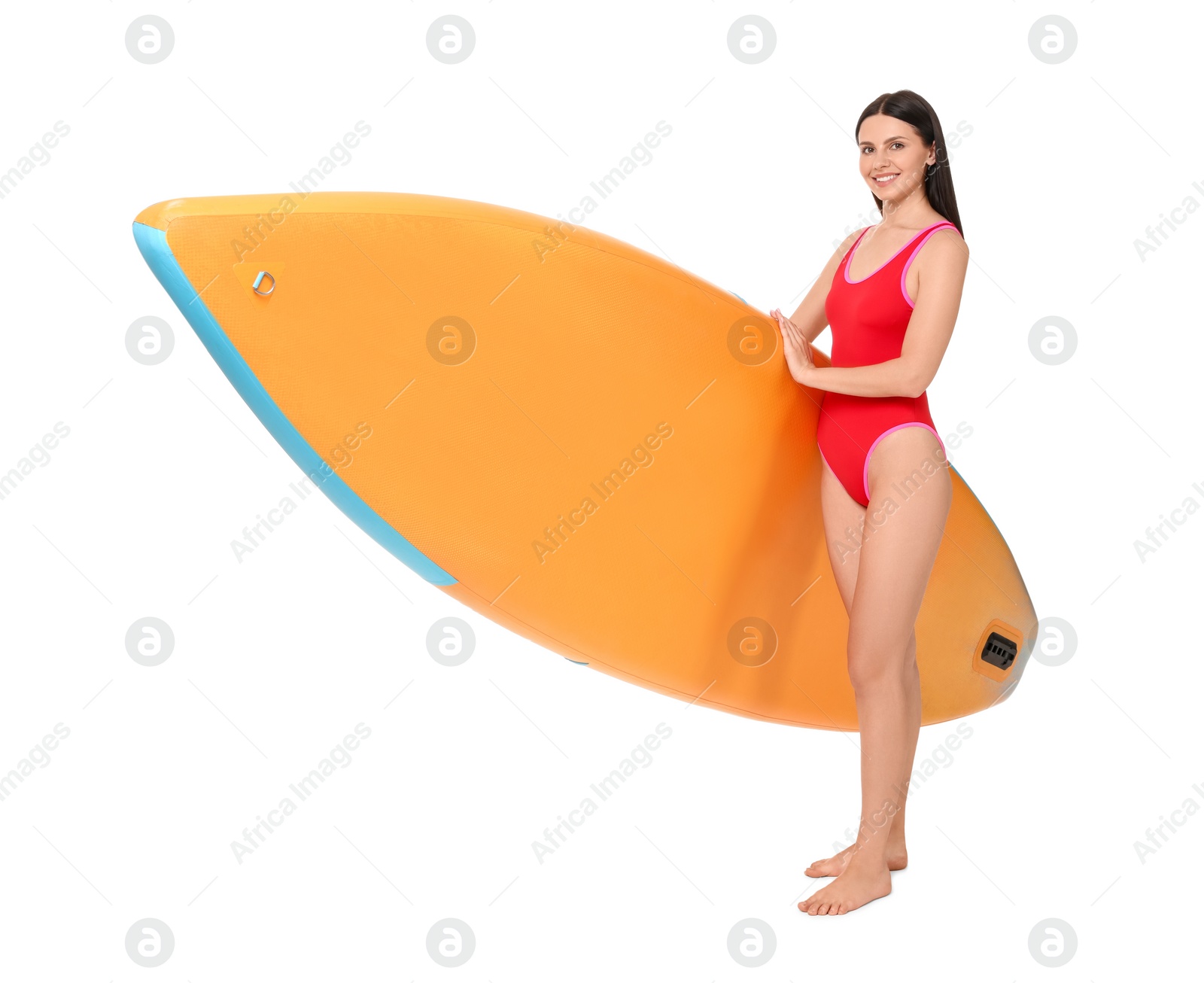 Photo of Happy woman with orange SUP board on white background