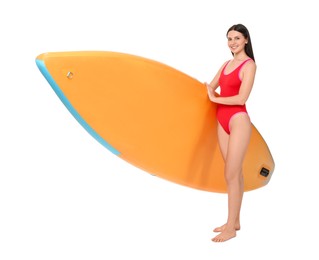 Photo of Happy woman with orange SUP board on white background