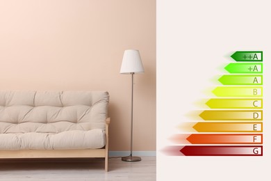 Energy efficiency rating label, lamp and sofa near beige wall indoors