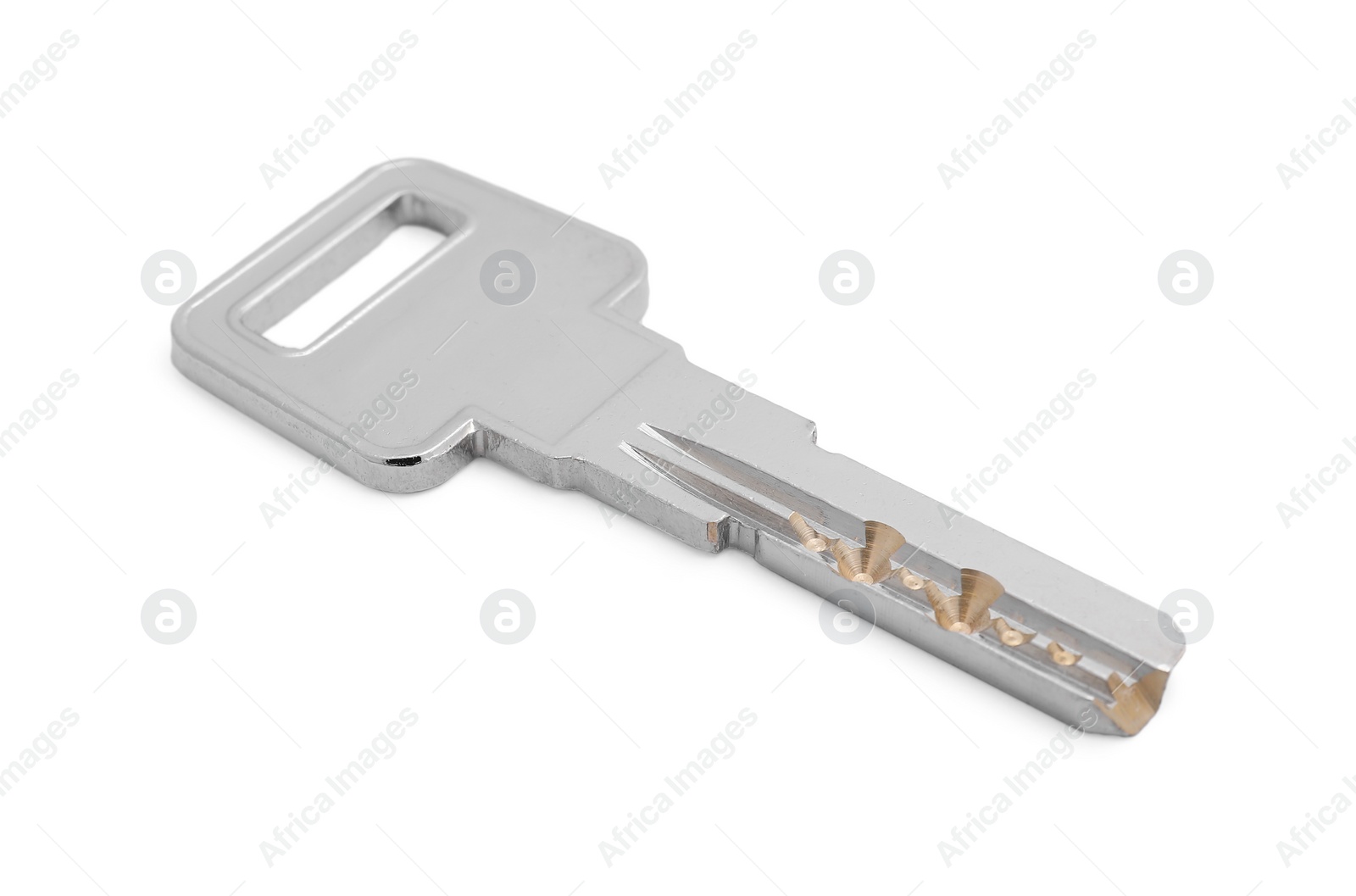 Photo of One metal door key isolated on white