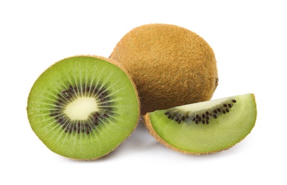 Photo of Cut and whole fresh kiwis on white background