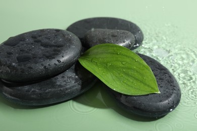 Photo of Spa stones and fresh leaves on light green background, closeup