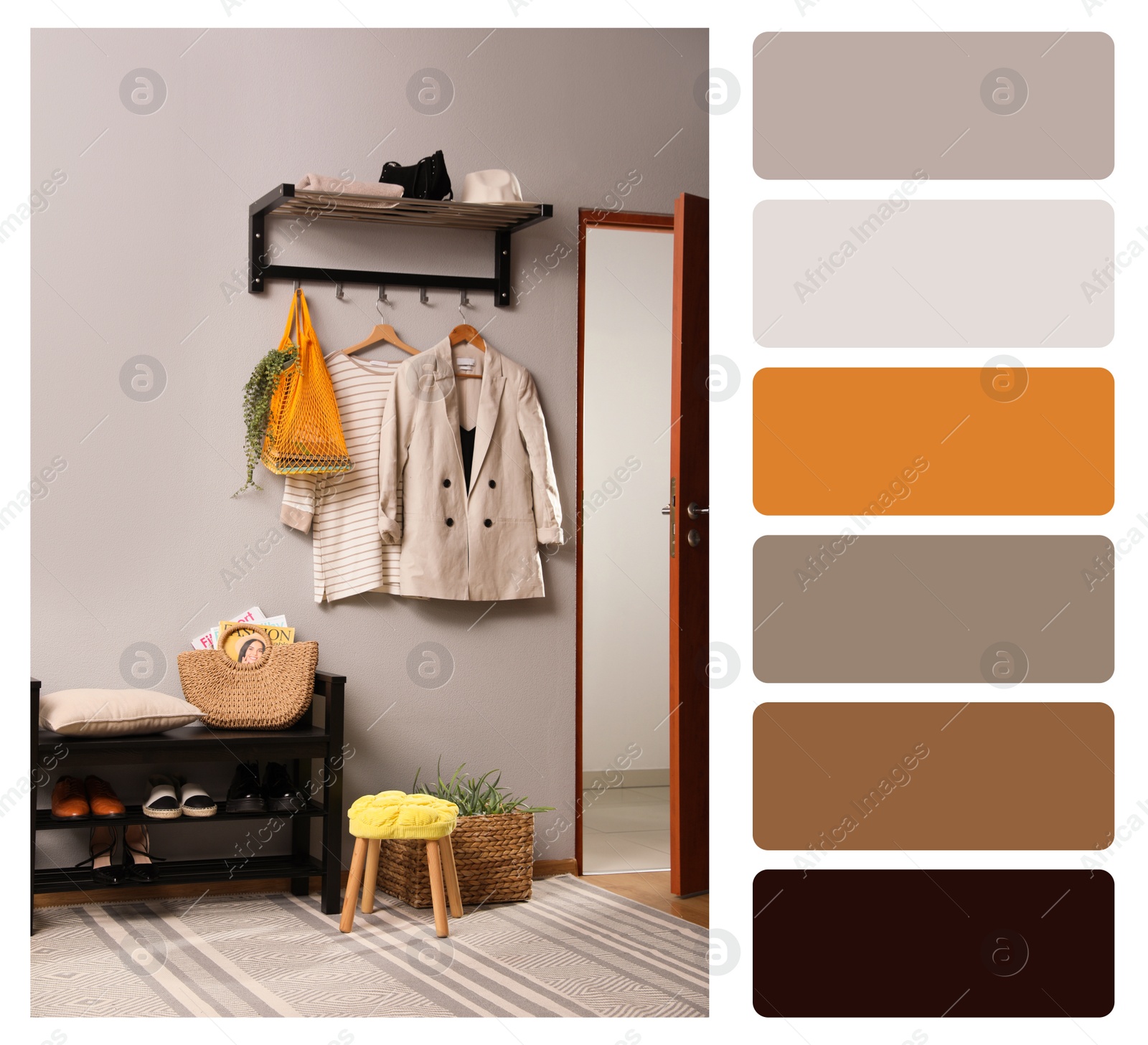 Image of Color palette and photo of hallway interior. Collage