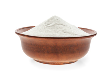 Photo of Bowl of baking soda isolated on white