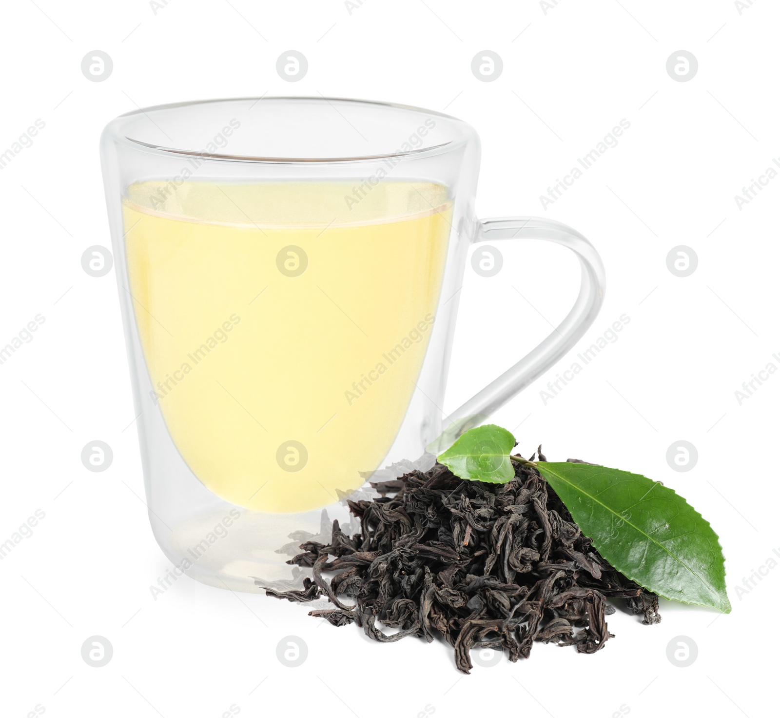 Image of Green tea in glass cup, fresh and dried leaves isolated on white