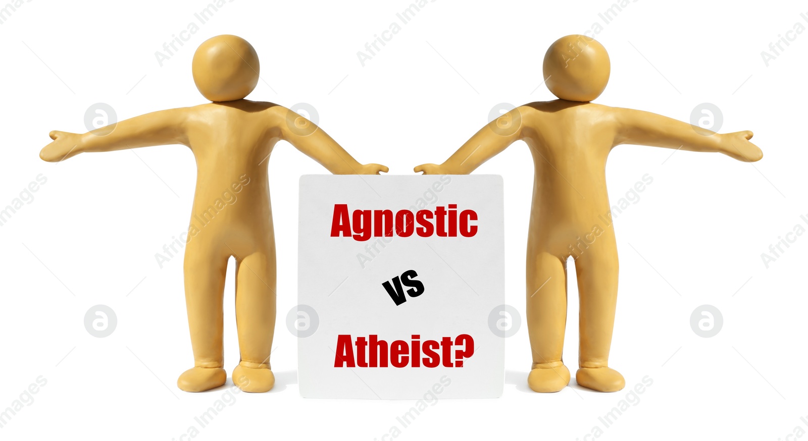 Image of Agnostic Vs Atheist. Yellow plasticine human figures with card pointing in opposite directions isolated on white