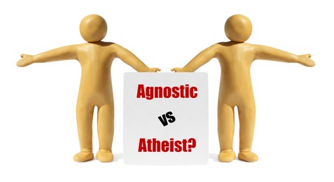 Agnostic Vs Atheist. Yellow plasticine human figures with card pointing in opposite directions isolated on white