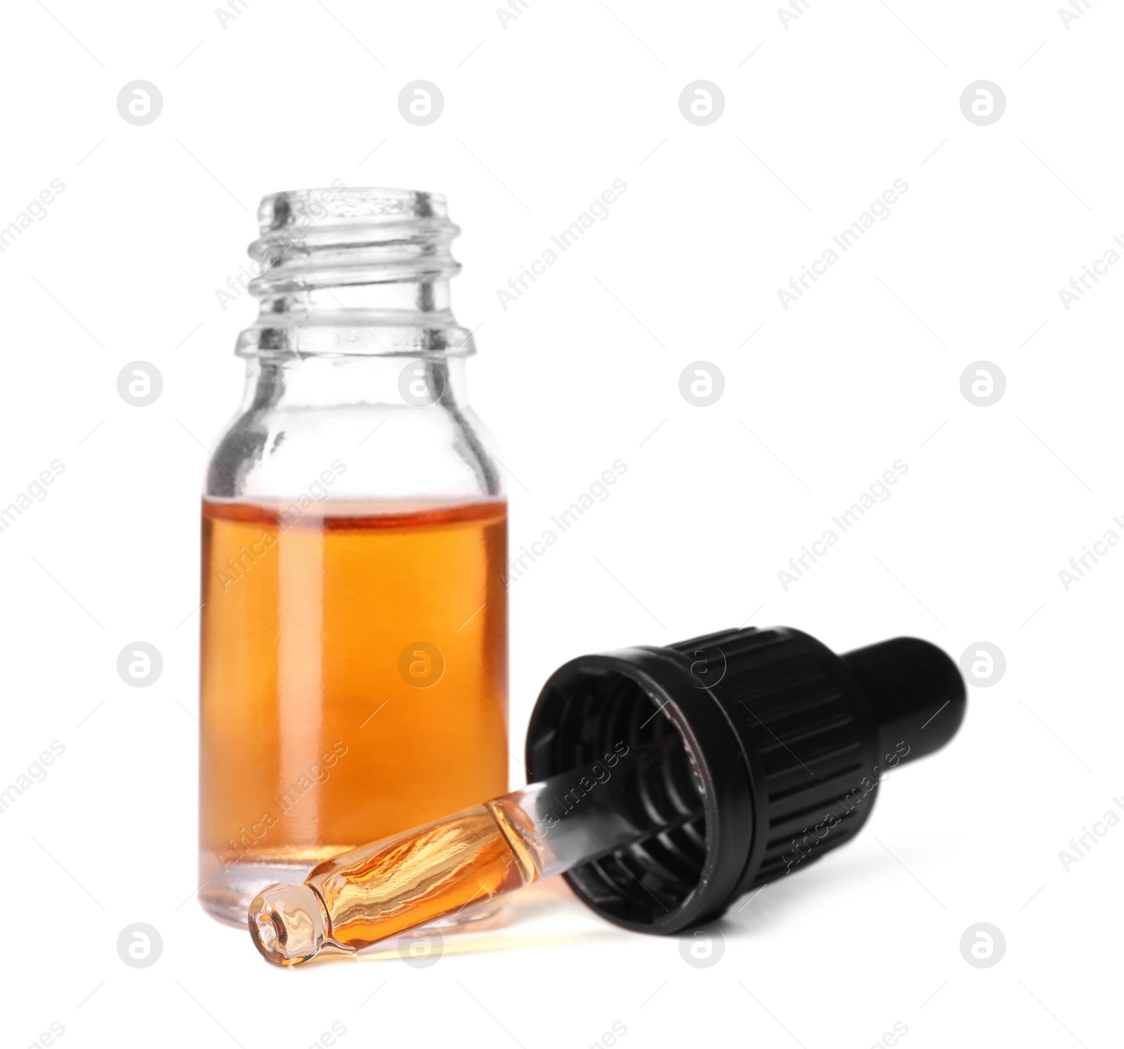 Photo of Cosmetic bottle and pipette with essential oil on white background