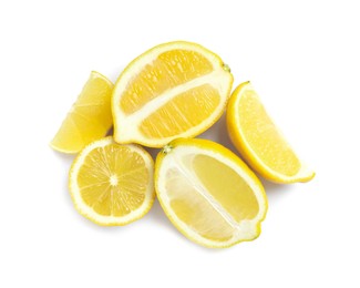 Photo of Fresh cut lemons on white background, top view