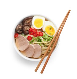 Photo of Delicious ramen with meat in bowl and chopsticks isolated on white, top view. Noodle soup