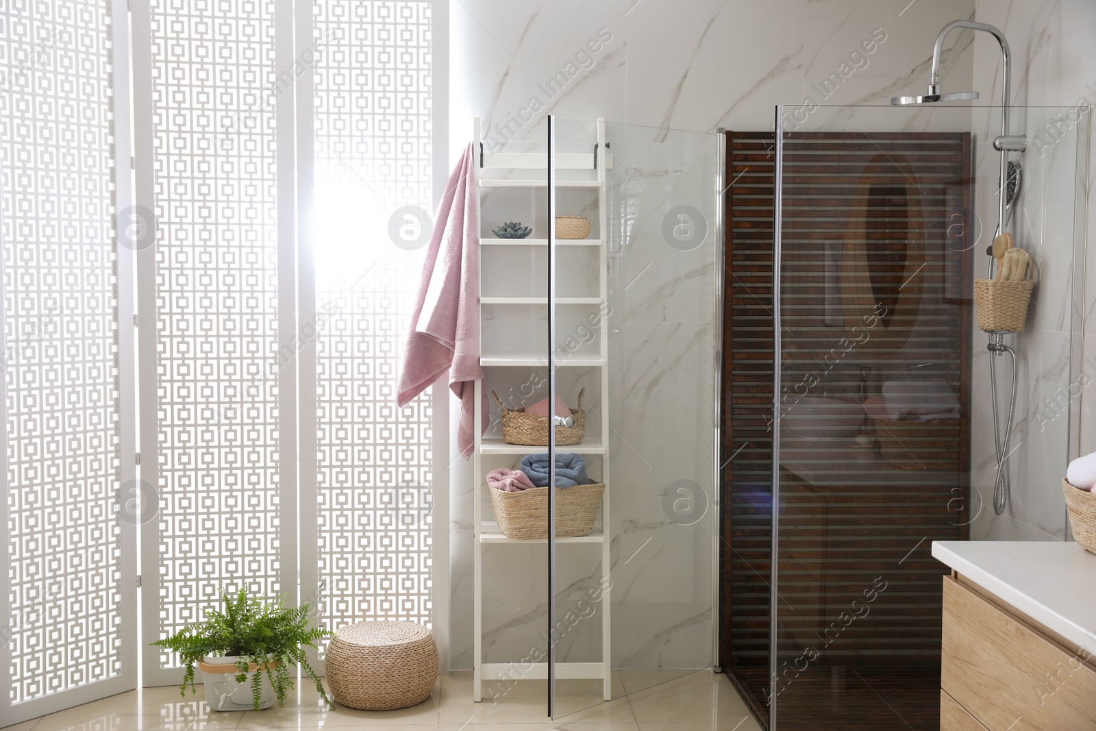 Photo of Bathroom interior with shower stall and shelving unit. Idea for design