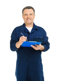 Mature plumber with clipboard on white background