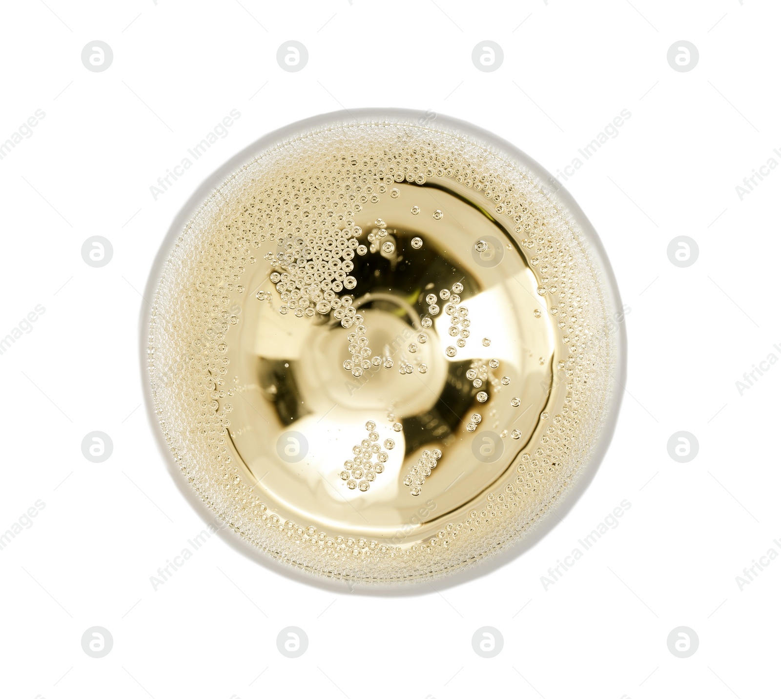 Photo of Glass of champagne on white background, top view. Festive drink