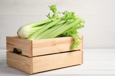 Box with fresh celery bunches on white wooden table, space for text