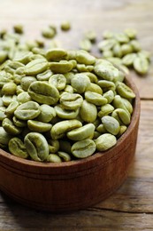 Photo of Green coffee beans in bowl on wooden table, closeup